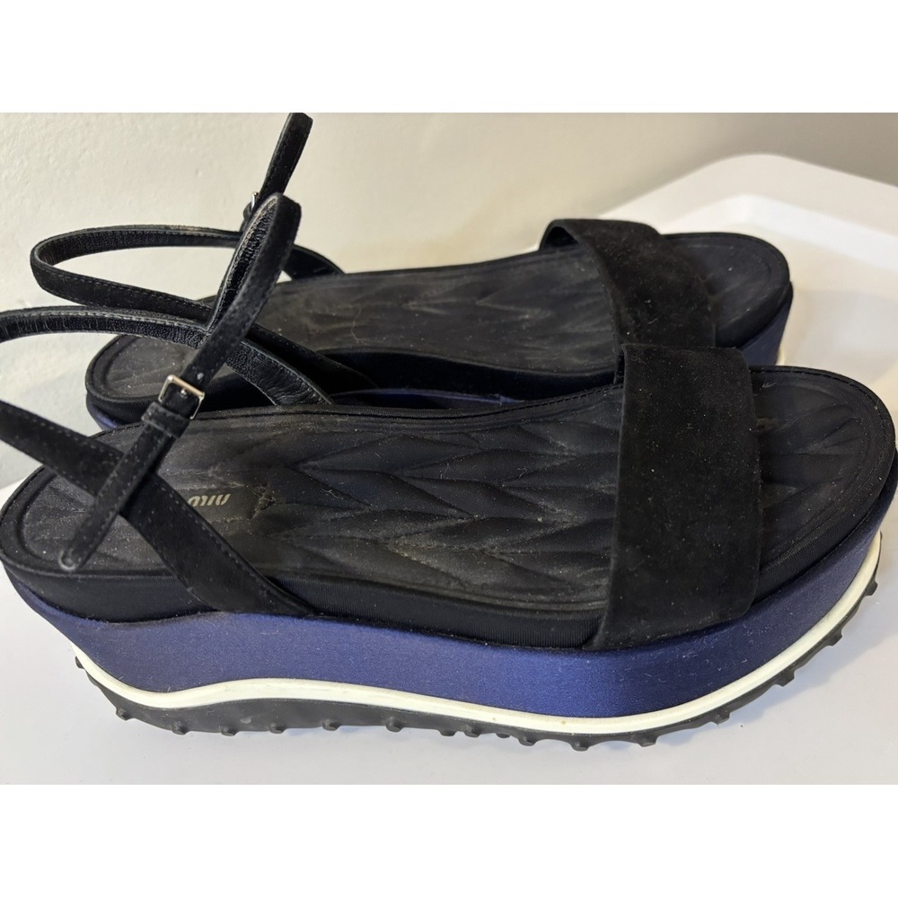 MIU MIU Black Blue Suede & Satin Platform Sandals Chunky 36.5 ITALY US 6.5